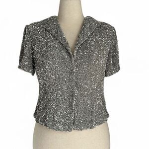 Vintage Olga Kvitko Silver Sequin Blouse Top Short Sleeve 1980s 1990s Evening